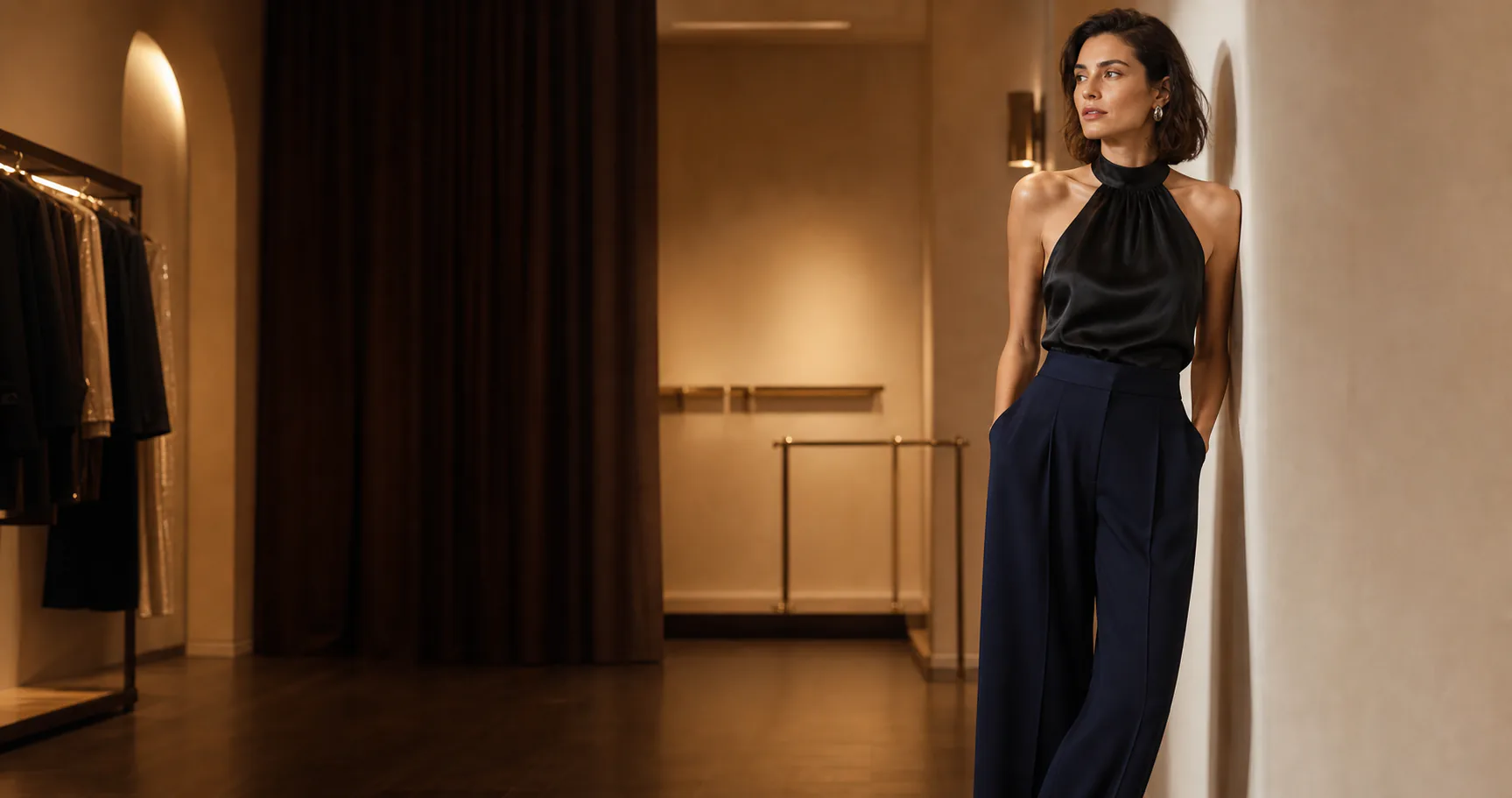 Woman in a light summer outfit inside a contemporary fashion boutique